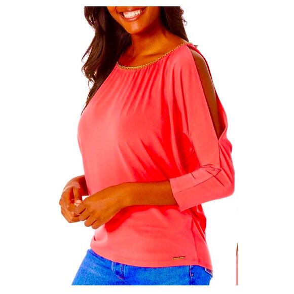 Michael kors Cold XS blouse cold shoulder chain blouse orange red old money - Picture 2 of 10